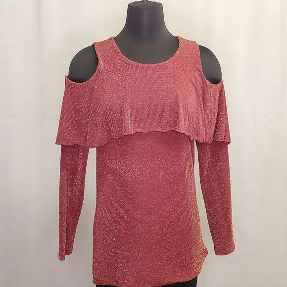 Michael Kors Iridescent Spark Burgundy Cold Shoulders Long Sleeves Blouse Size S - Picture 2 of 7